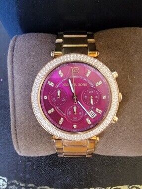 Michael Kors Parker Watch MK6417 Rose Gold Pink Face Crystal Bezel w Box Exc Con